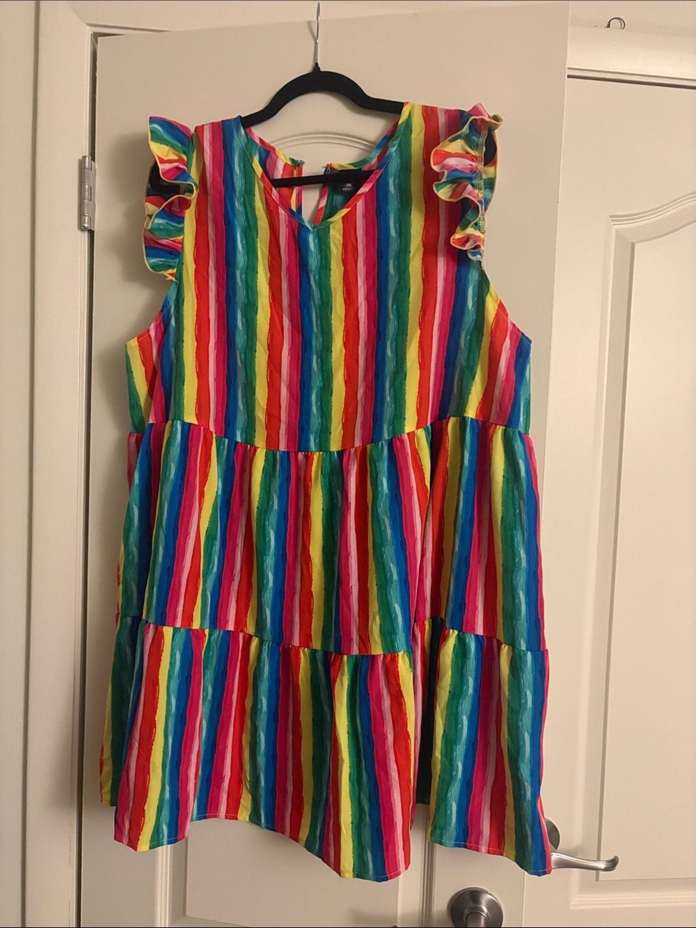 SHEIN Rainbow Stripe Ruffle Sleeve Tiered Dress - Multicolor
